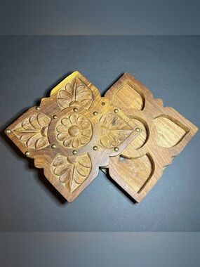 Vintage Hand Carved Wooden Floral Studded Square Stash Trinket Box w/ Pivot Lid